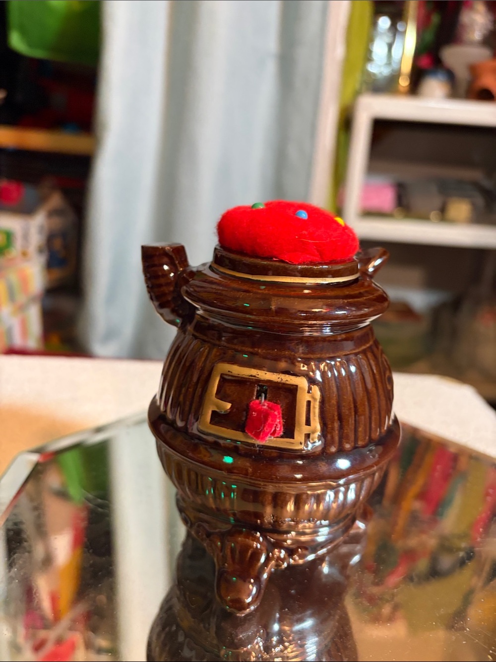 Vintage ARDCO Ceramic Potbelly Stove Pincushion Tape Measure, Sewing Collectible